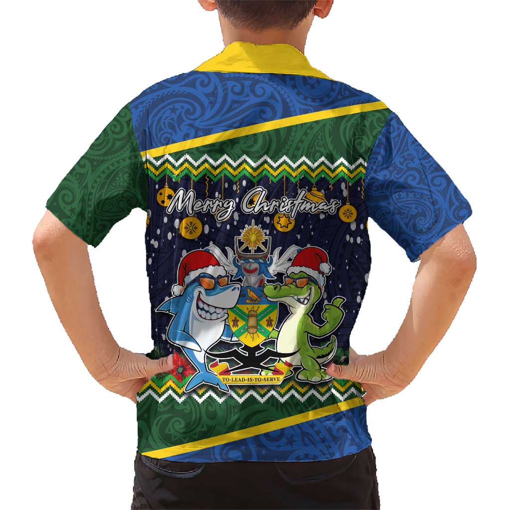 Funny Crocodile and Shark Solomon Islands Christmas Family Matching Short Sleeve Bodycon Dress and Hawaiian Shirt with National Seal Melanesian Pattern LT03 - Polynesian Pride