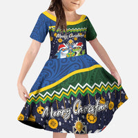 Funny Crocodile and Shark Solomon Islands Christmas Family Matching Short Sleeve Bodycon Dress and Hawaiian Shirt with National Seal Melanesian Pattern LT03 Daughter's Dress Blue - Polynesian Pride