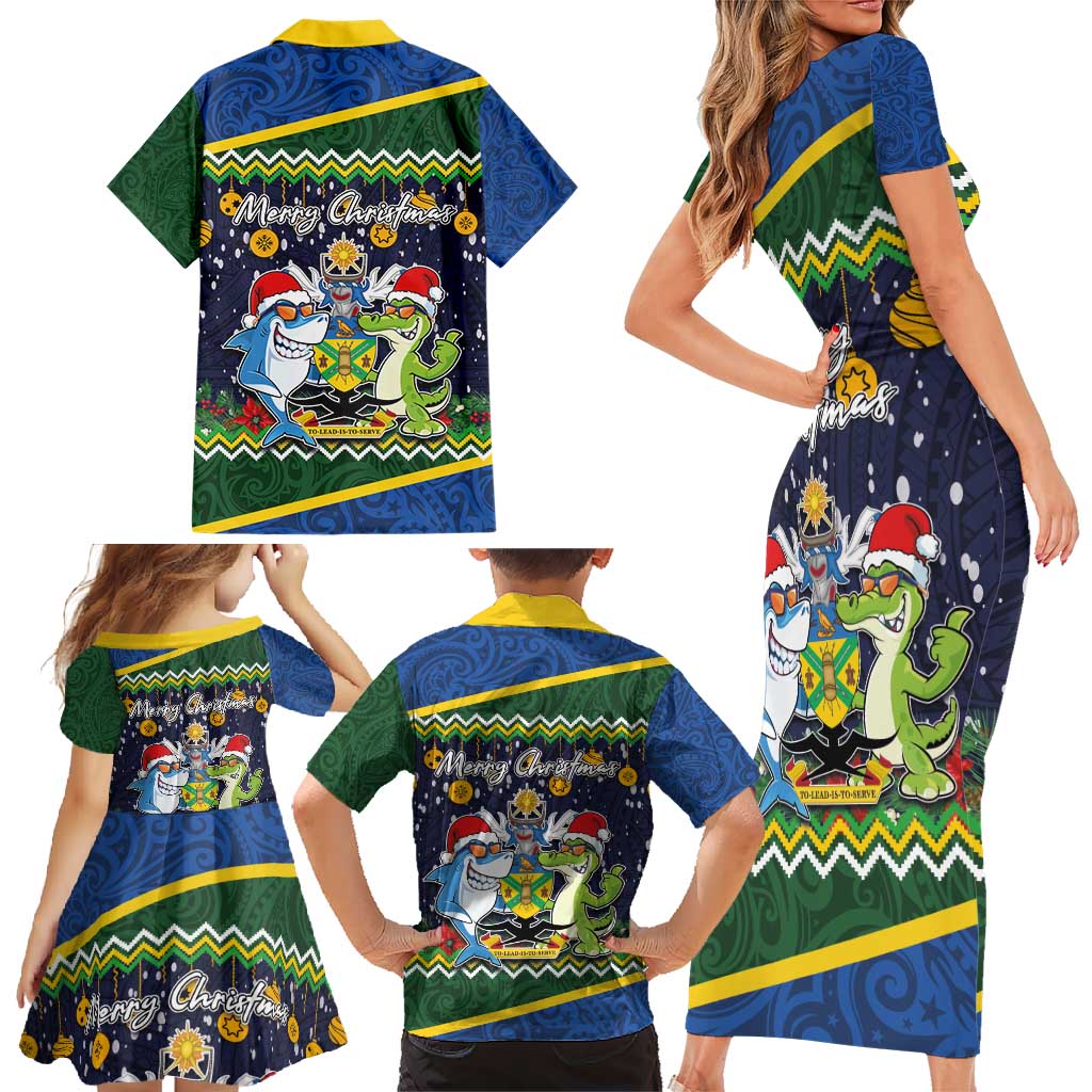 Funny Crocodile and Shark Solomon Islands Christmas Family Matching Short Sleeve Bodycon Dress and Hawaiian Shirt with National Seal Melanesian Pattern LT03 - Polynesian Pride