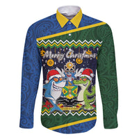 Funny Crocodile and Shark Solomon Islands Christmas Family Matching Short Sleeve Bodycon Dress and Hawaiian Shirt with National Seal Melanesian Pattern LT03 Dad's Shirt - Long Sleeve Blue - Polynesian Pride