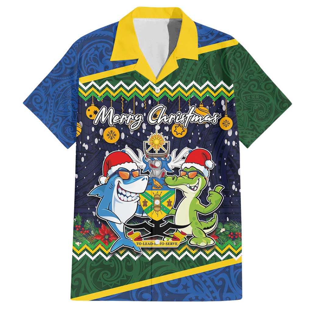 Funny Crocodile and Shark Solomon Islands Christmas Family Matching Summer Maxi Dress and Hawaiian Shirt with National Seal Melanesian Pattern LT03 Dad's Shirt - Short Sleeve Blue - Polynesian Pride