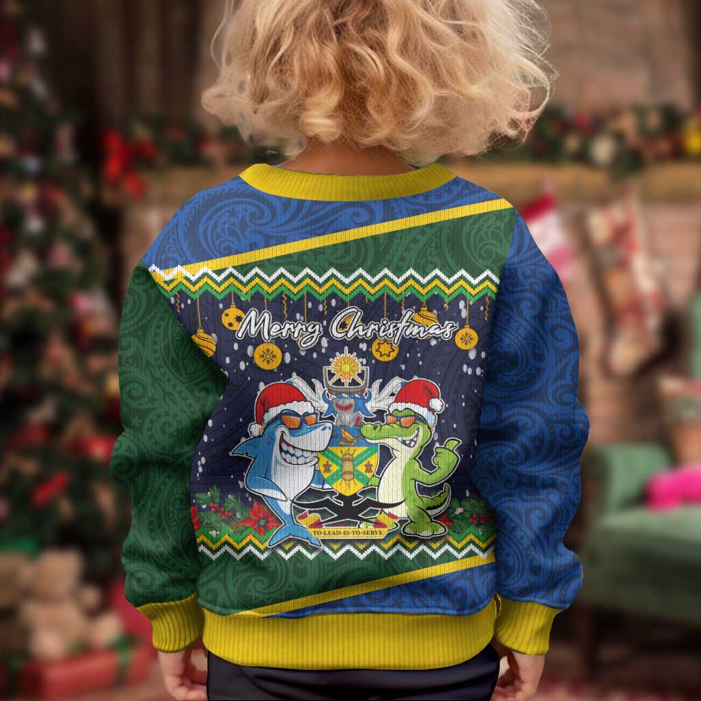 Solomon Islands Christmas Kid Ugly Christmas Sweater Funny Xmas Crocodile and Shark with National Seal Melanesian Pattern