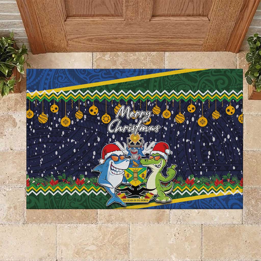Funny Crocodile and Shark Solomon Islands Christmas Rubber Doormat with National Seal Melanesian Pattern LT03 Blue - Polynesian Pride