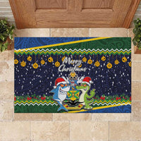 Funny Crocodile and Shark Solomon Islands Christmas Rubber Doormat with National Seal Melanesian Pattern LT03 Blue - Polynesian Pride