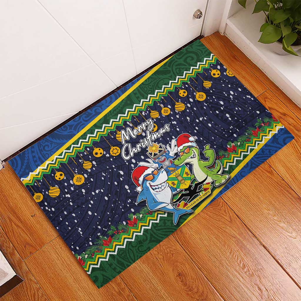 Funny Crocodile and Shark Solomon Islands Christmas Rubber Doormat with National Seal Melanesian Pattern LT03 - Polynesian Pride