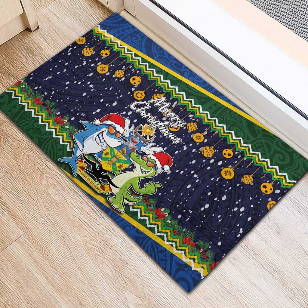 Funny Crocodile and Shark Solomon Islands Christmas Rubber Doormat with National Seal Melanesian Pattern LT03 - Polynesian Pride