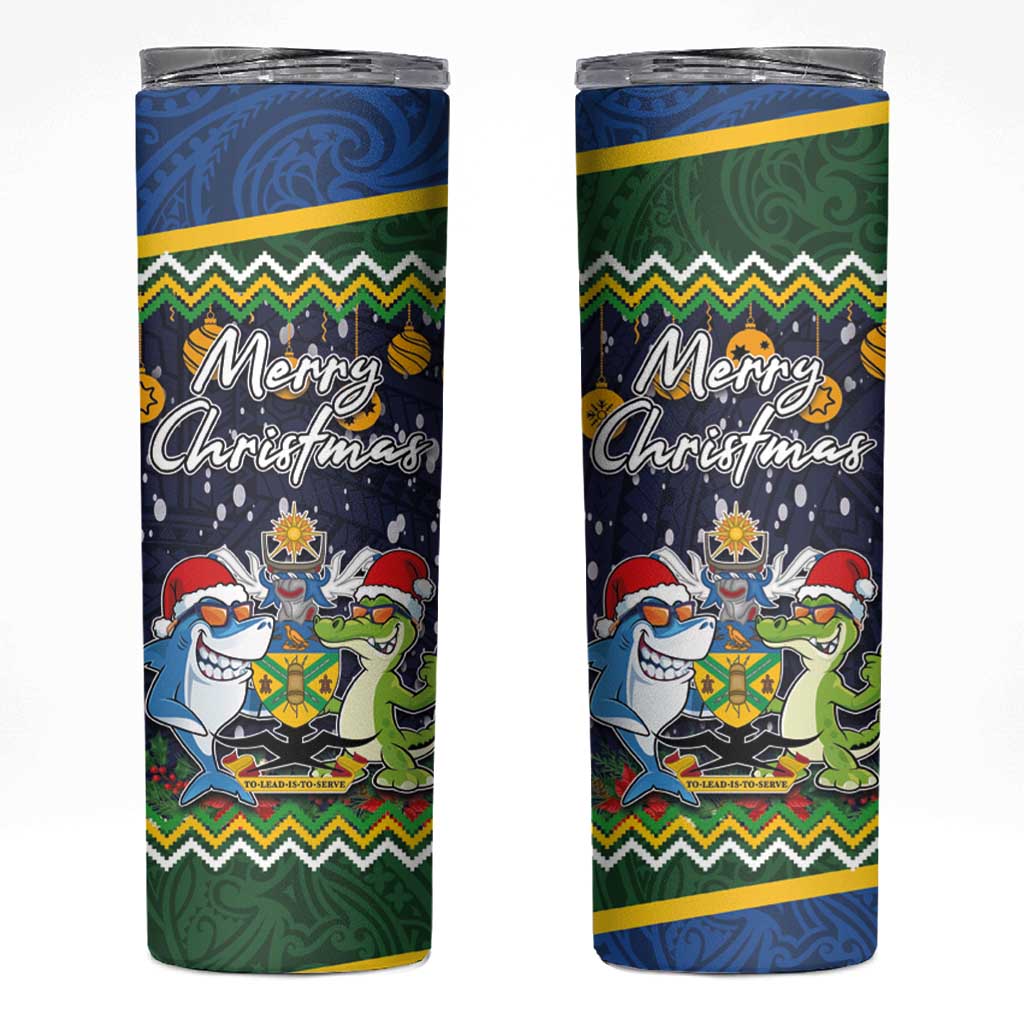Funny Crocodile and Shark Solomon Islands Christmas Skinny Tumbler with National Seal Melanesian Pattern LT03 Blue - Polynesian Pride
