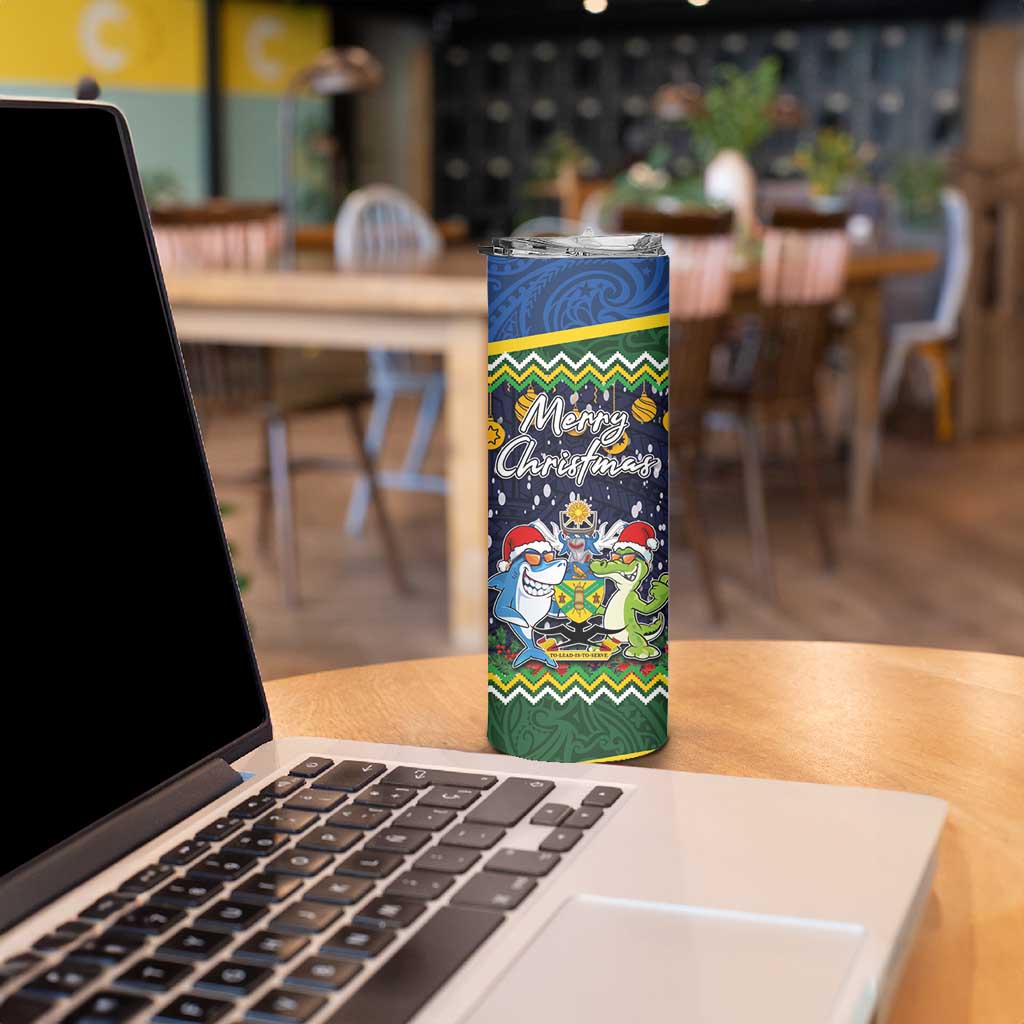 Funny Crocodile and Shark Solomon Islands Christmas Skinny Tumbler with National Seal Melanesian Pattern LT03 - Polynesian Pride