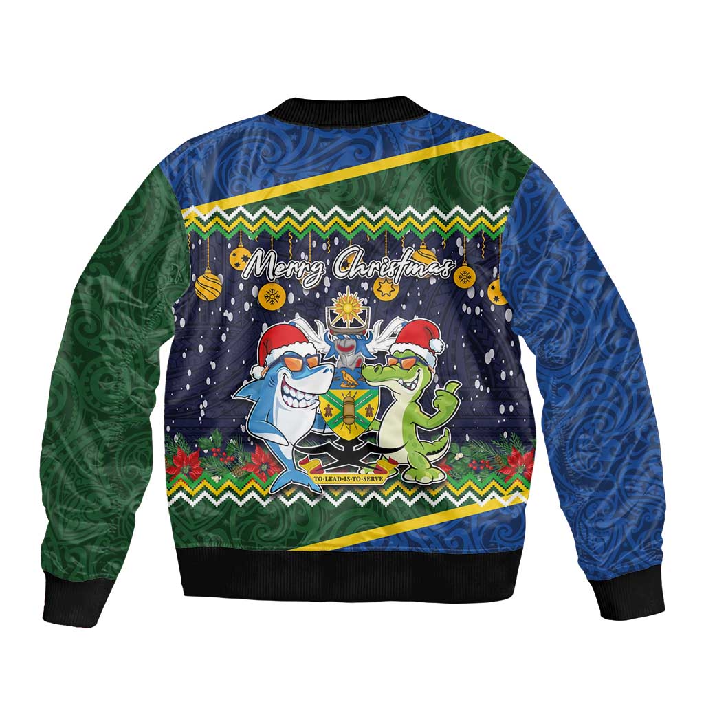 Funny Crocodile and Shark Solomon Islands Christmas Sleeve Zip Bomber Jacket with National Seal Melanesian Pattern