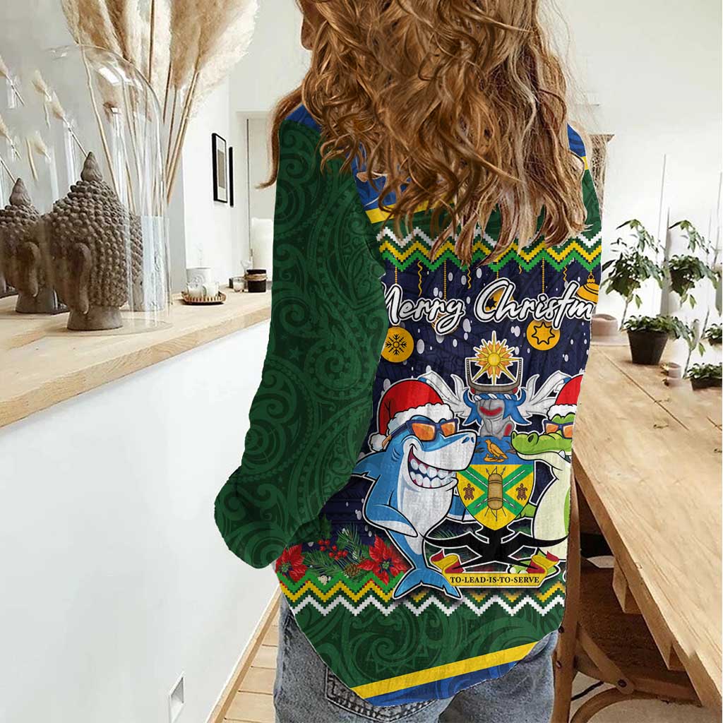Funny Crocodile and Shark Solomon Islands Christmas Women Casual Shirt with National Seal Melanesian Pattern LT03 - Polynesian Pride