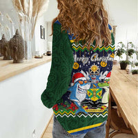 Funny Crocodile and Shark Solomon Islands Christmas Women Casual Shirt with National Seal Melanesian Pattern LT03 - Polynesian Pride