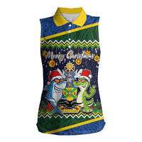 Funny Crocodile and Shark Solomon Islands Christmas Women Sleeveless Polo Shirt with National Seal Melanesian Pattern LT03 Female Blue - Polynesian Pride