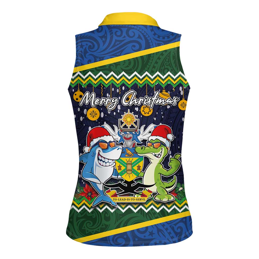 Funny Crocodile and Shark Solomon Islands Christmas Women Sleeveless Polo Shirt with National Seal Melanesian Pattern LT03 - Polynesian Pride