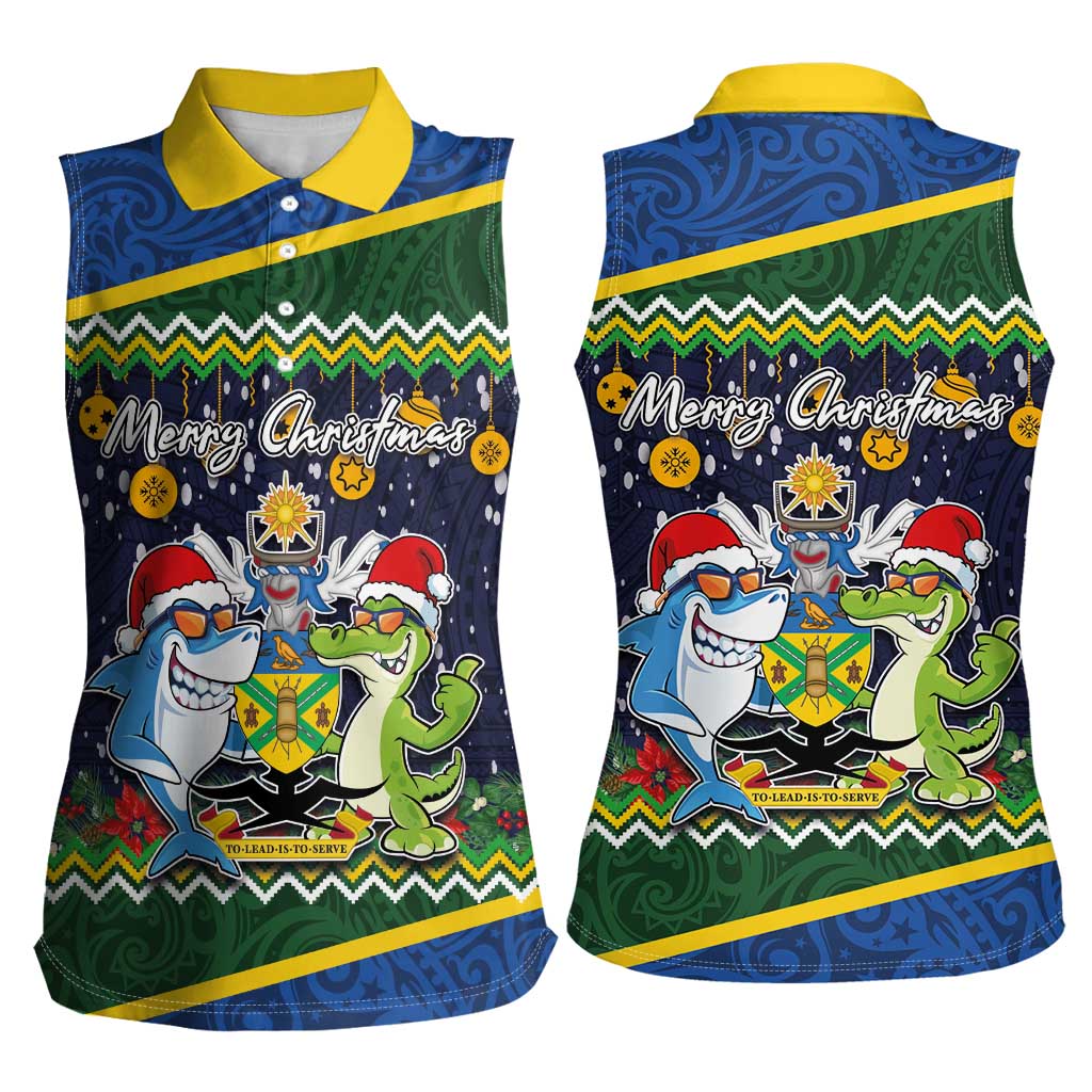 Funny Crocodile and Shark Solomon Islands Christmas Women Sleeveless Polo Shirt with National Seal Melanesian Pattern LT03 - Polynesian Pride