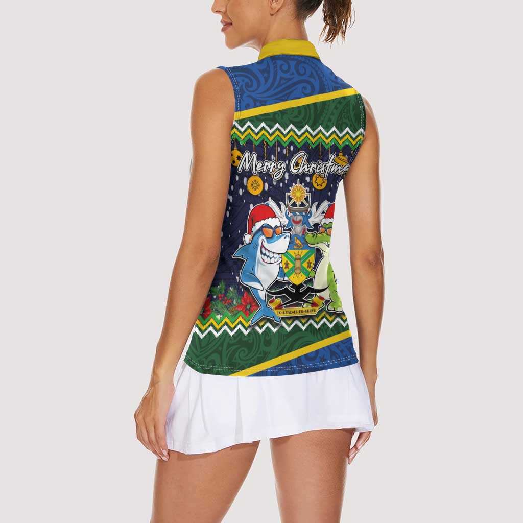 Funny Crocodile and Shark Solomon Islands Christmas Women Sleeveless Polo Shirt with National Seal Melanesian Pattern LT03 - Polynesian Pride