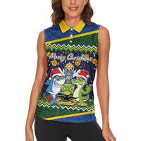 Funny Crocodile and Shark Solomon Islands Christmas Women Sleeveless Polo Shirt with National Seal Melanesian Pattern LT03 - Polynesian Pride