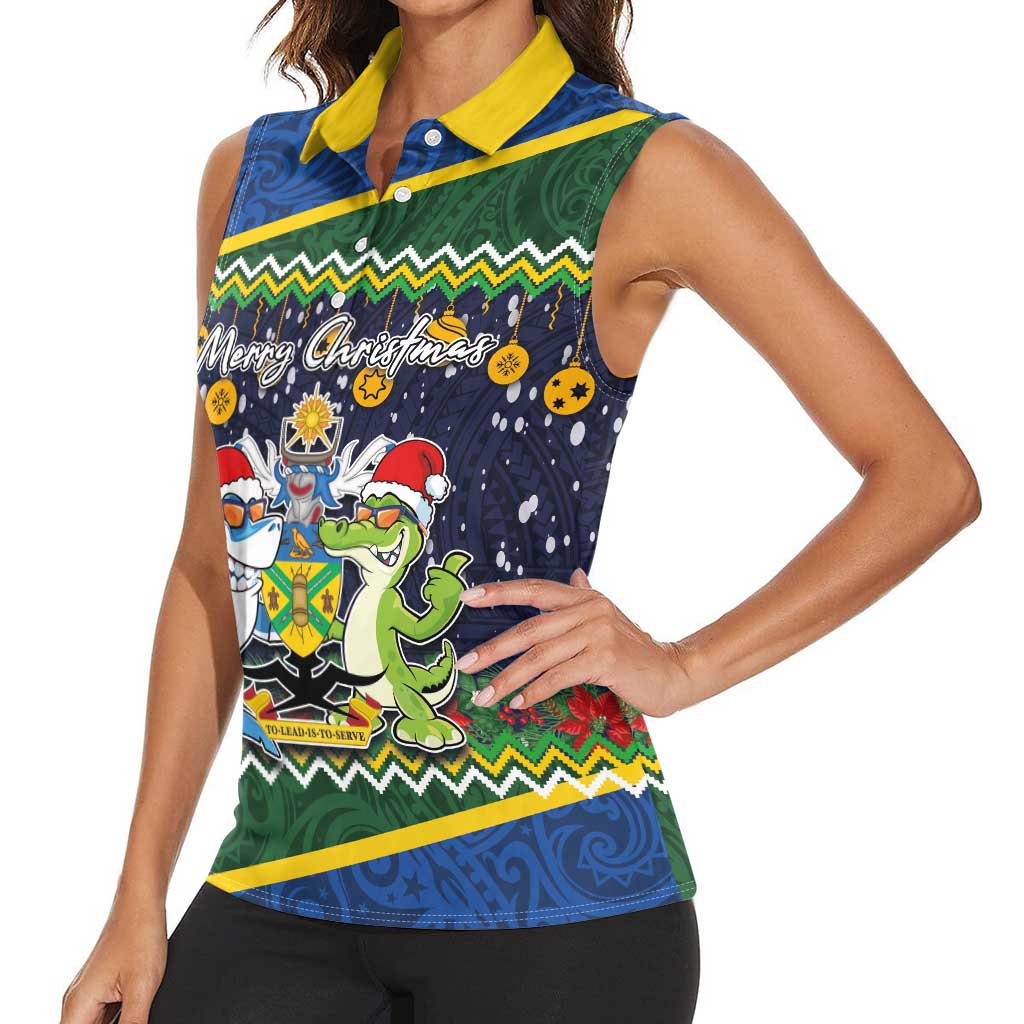 Funny Crocodile and Shark Solomon Islands Christmas Women Sleeveless Polo Shirt with National Seal Melanesian Pattern LT03 - Polynesian Pride