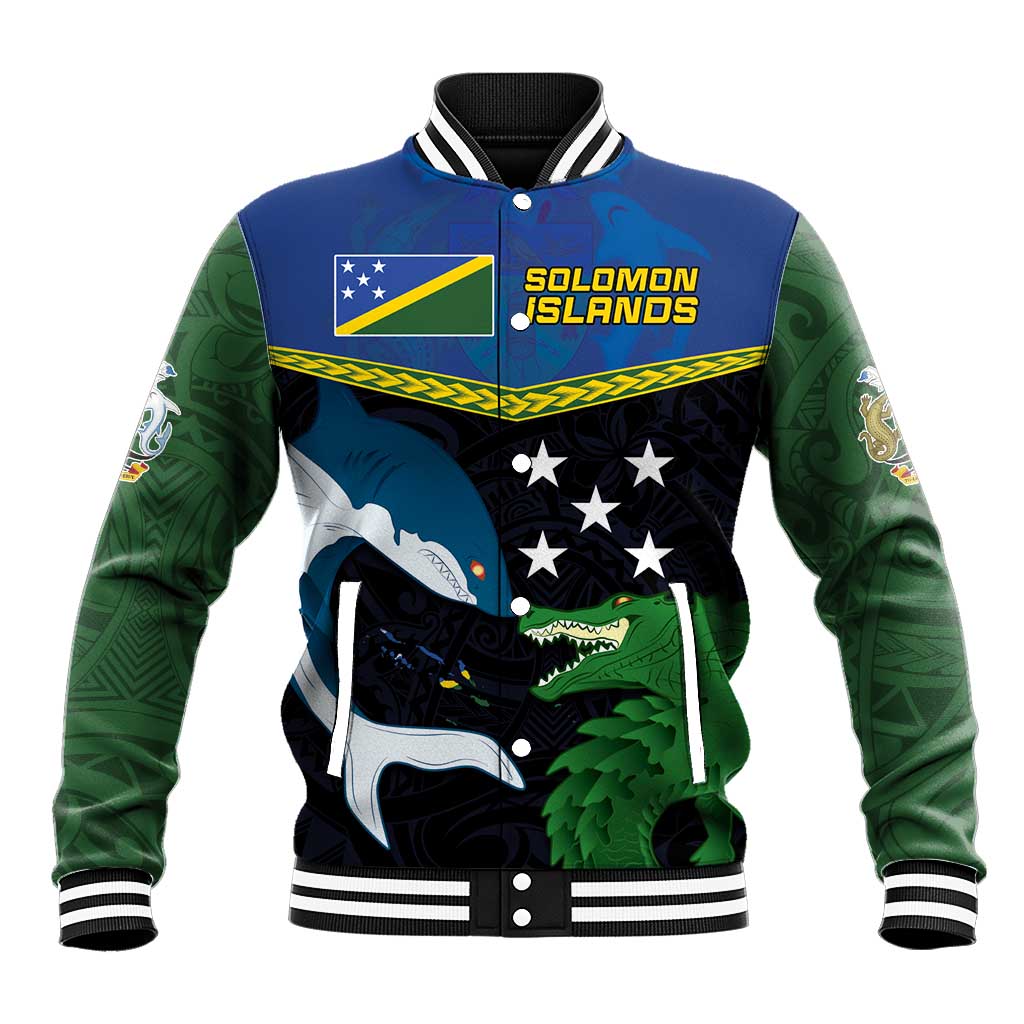 Custom Solomon Islands Rugby Baseball Jacket Arty Shark and Crocodile Solomon Islands National Emblems LT03 Unisex Blue - Polynesian Pride
