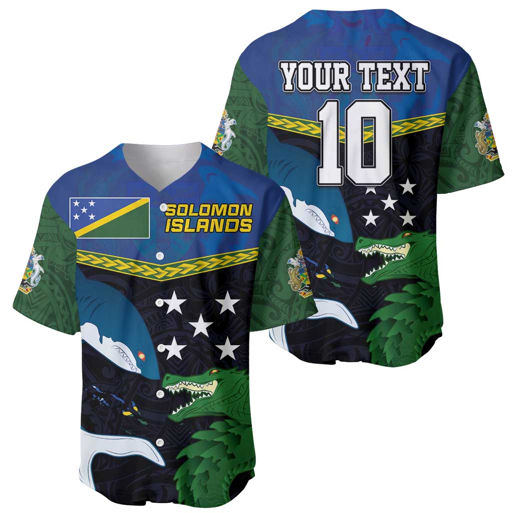 Custom Solomon Islands Rugby Baseball Jersey Arty Shark and Crocodile Solomon Islands National Emblems LT03 - Polynesian Pride