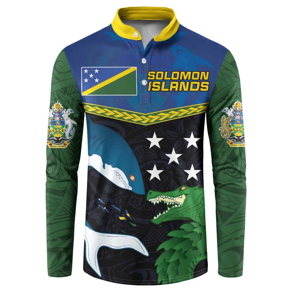Custom Solomon Islands Rugby Button Sweatshirt Arty Shark and Crocodile Solomon Islands National Emblems LT03 Blue - Polynesian Pride