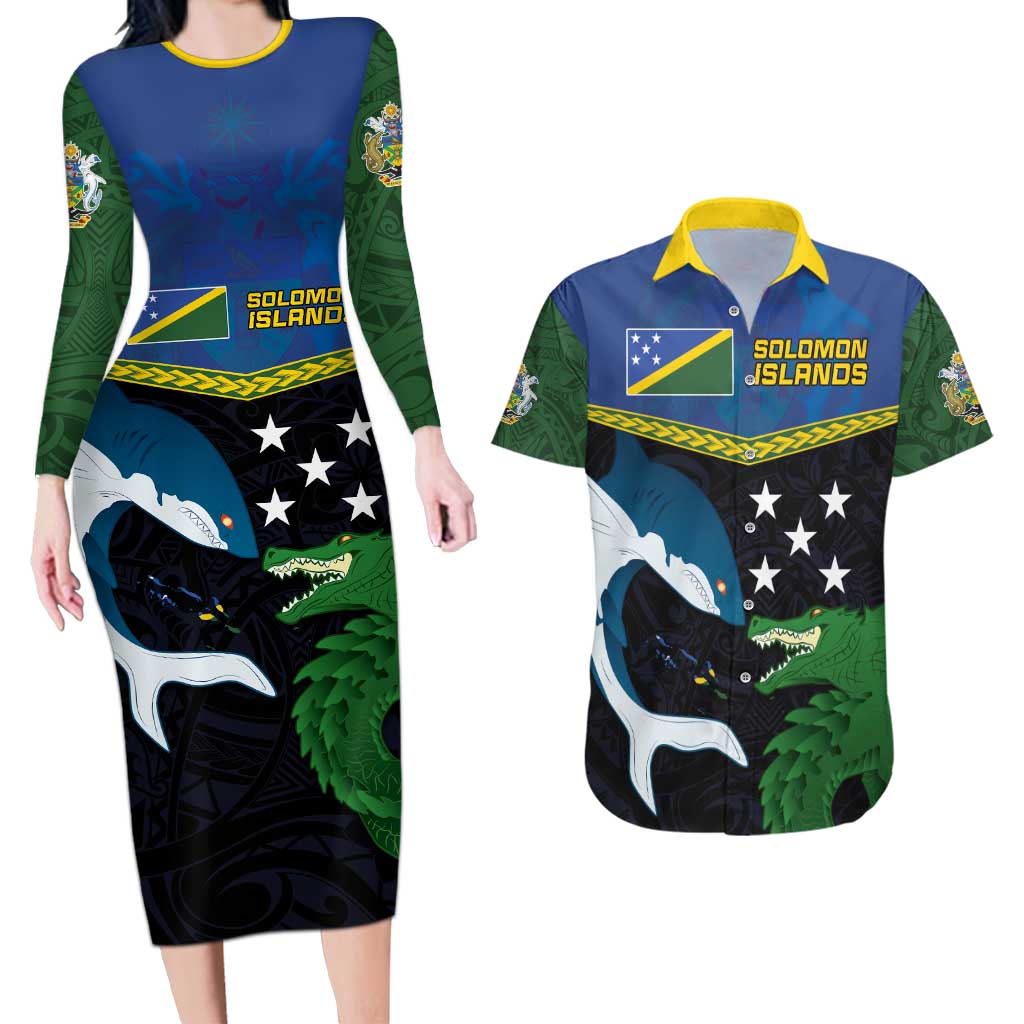 Custom Solomon Islands Rugby Couples Matching Long Sleeve Bodycon Dress and Hawaiian Shirt Arty Shark and Crocodile Solomon Islands National Emblems LT03 Blue - Polynesian Pride
