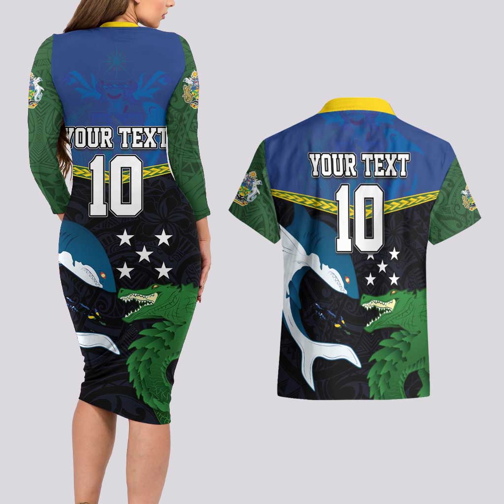 Custom Solomon Islands Rugby Couples Matching Long Sleeve Bodycon Dress and Hawaiian Shirt Arty Shark and Crocodile Solomon Islands National Emblems LT03 - Polynesian Pride
