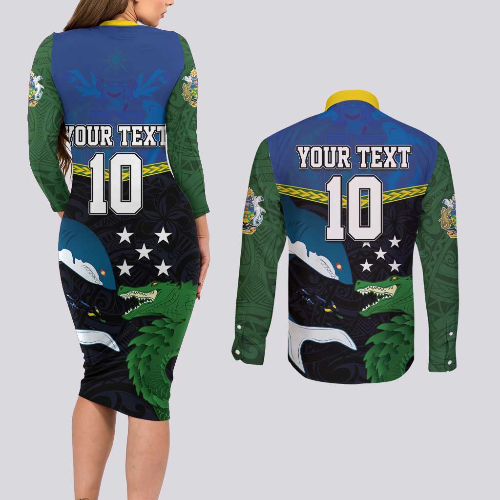 Custom Solomon Islands Rugby Couples Matching Long Sleeve Bodycon Dress and Long Sleeve Button Shirt Arty Shark and Crocodile Solomon Islands National Emblems