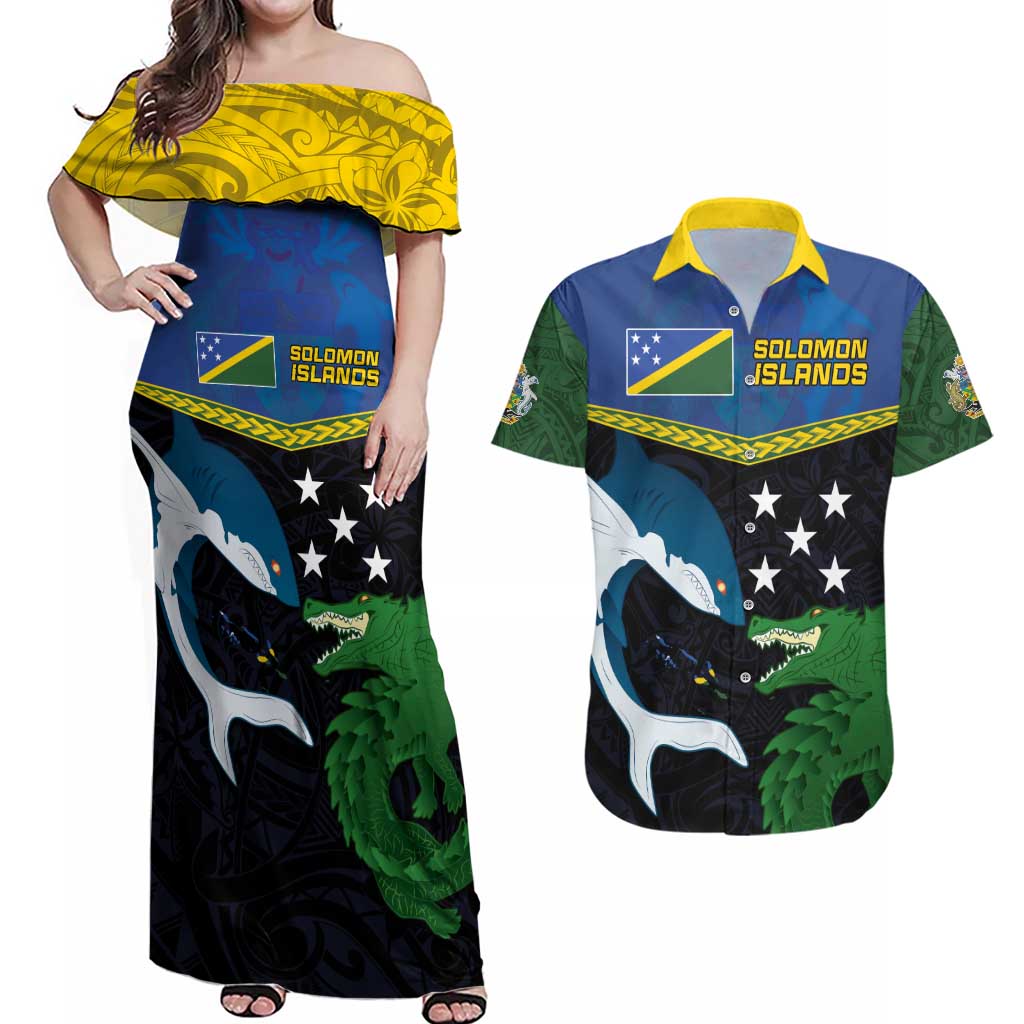 Custom Solomon Islands Rugby Couples Matching Off Shoulder Maxi Dress and Hawaiian Shirt Arty Shark and Crocodile Solomon Islands National Emblems