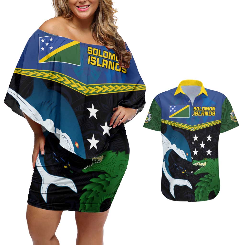 Custom Solomon Islands Rugby Couples Matching Off Shoulder Short Dress and Hawaiian Shirt Arty Shark and Crocodile Solomon Islands National Emblems LT03 Blue - Polynesian Pride