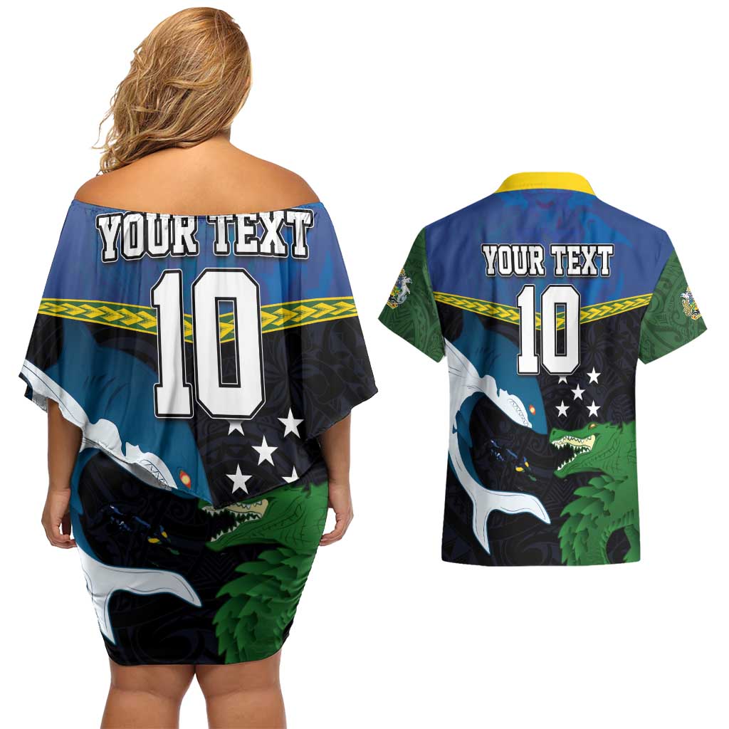 Custom Solomon Islands Rugby Couples Matching Off Shoulder Short Dress and Hawaiian Shirt Arty Shark and Crocodile Solomon Islands National Emblems LT03 - Polynesian Pride