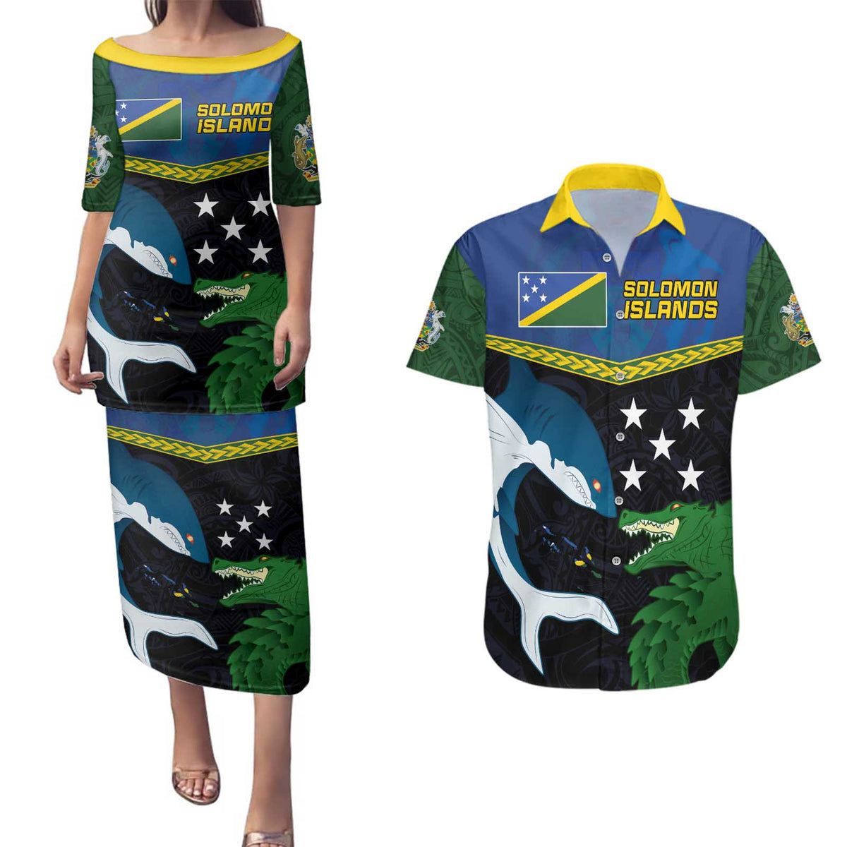 Custom Solomon Islands Rugby Couples Matching Puletasi and Hawaiian Shirt Arty Shark and Crocodile Solomon Islands National Emblems LT03 Blue - Polynesian Pride