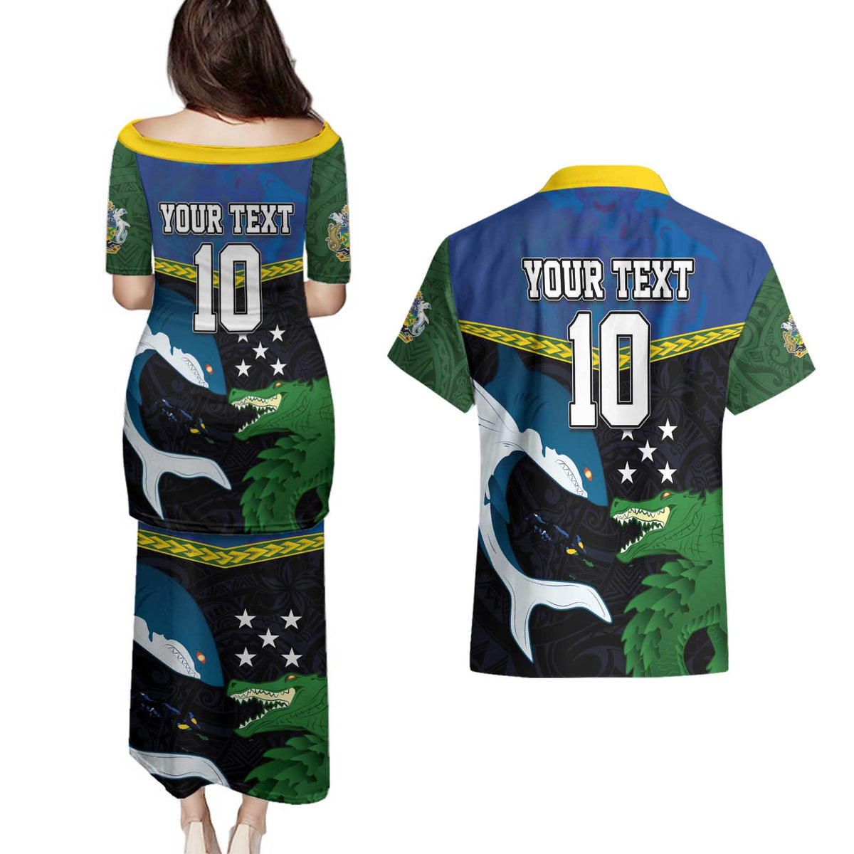 Custom Solomon Islands Rugby Couples Matching Puletasi and Hawaiian Shirt Arty Shark and Crocodile Solomon Islands National Emblems LT03 - Polynesian Pride