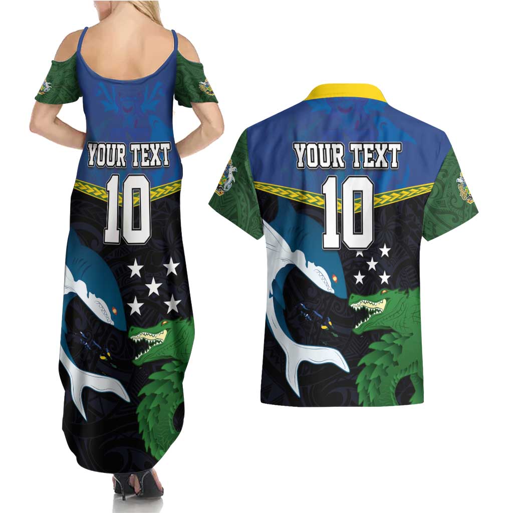 Custom Solomon Islands Rugby Couples Matching Summer Maxi Dress and Hawaiian Shirt Arty Shark and Crocodile Solomon Islands National Emblems LT03 - Polynesian Pride