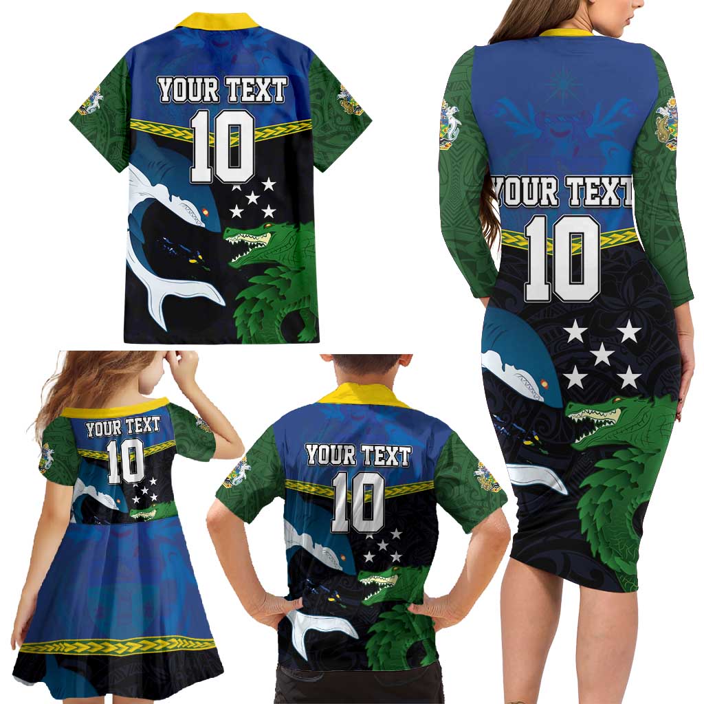Custom Solomon Islands Rugby Family Matching Long Sleeve Bodycon Dress and Hawaiian Shirt Arty Shark and Crocodile Solomon Islands National Emblems LT03 - Polynesian Pride
