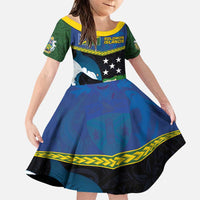 Custom Solomon Islands Rugby Family Matching Puletasi and Hawaiian Shirt Arty Shark and Crocodile Solomon Islands National Emblems LT03 Daughter's Dress Blue - Polynesian Pride