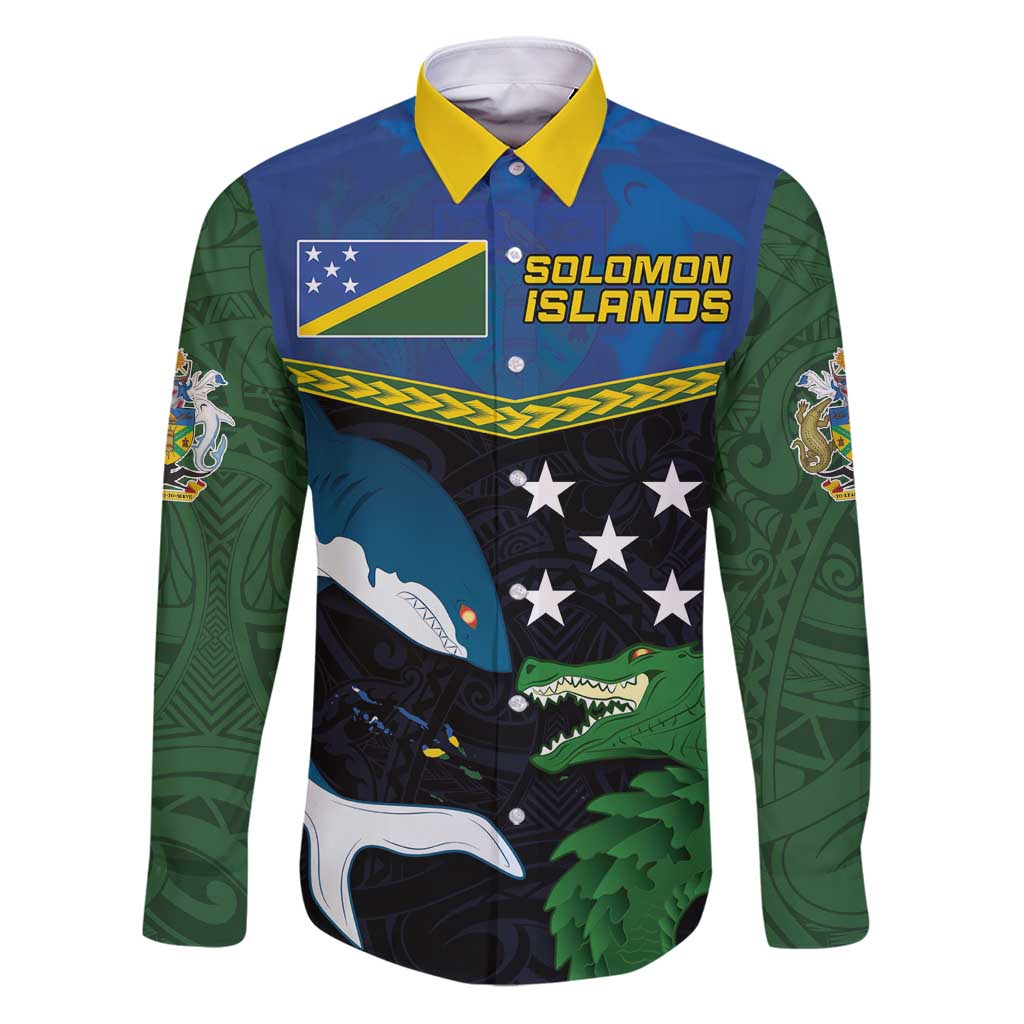 Custom Solomon Islands Rugby Family Matching Puletasi and Hawaiian Shirt Arty Shark and Crocodile Solomon Islands National Emblems LT03 Dad's Shirt - Long Sleeve Blue - Polynesian Pride