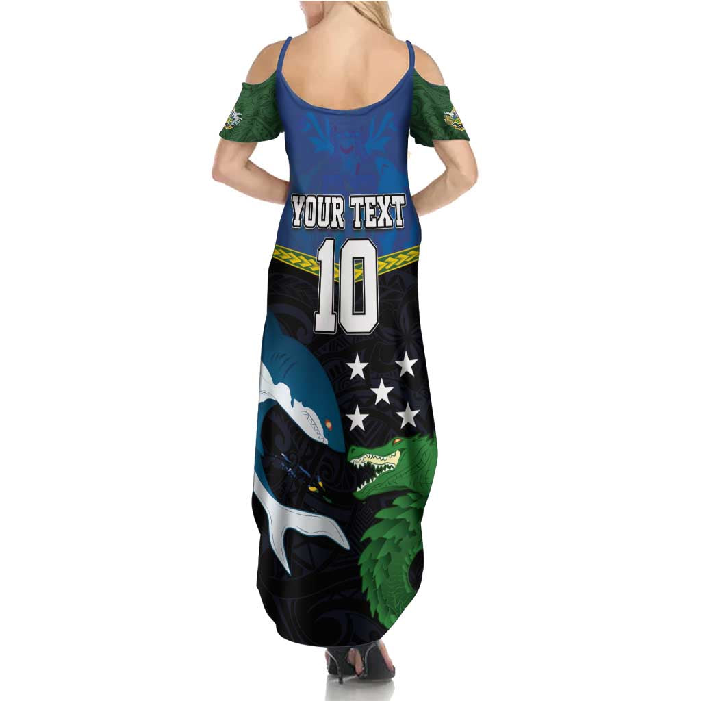Custom Solomon Islands Rugby Family Matching Summer Maxi Dress and Hawaiian Shirt Arty Shark and Crocodile Solomon Islands National Emblems