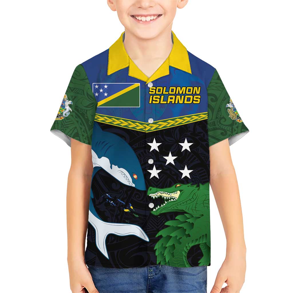 Custom Solomon Islands Rugby Kid Hawaiian Shirt Arty Shark and Crocodile Solomon Islands National Emblems LT03 Kid Blue - Polynesian Pride