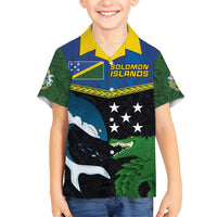 Custom Solomon Islands Rugby Kid Hawaiian Shirt Arty Shark and Crocodile Solomon Islands National Emblems LT03 Kid Blue - Polynesian Pride