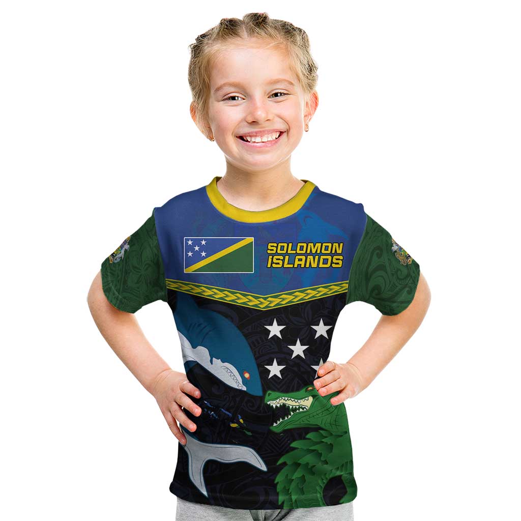 Custom Solomon Islands Rugby Kid T Shirt Arty Shark and Crocodile Solomon Islands National Emblems LT03 Blue - Polynesian Pride