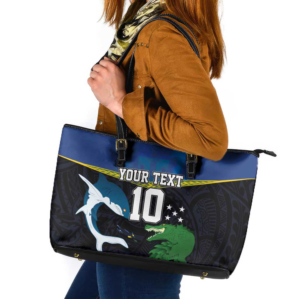 Custom Solomon Islands Rugby Leather Tote Bag Arty Shark and Crocodile Solomon Islands National Emblems LT03 Blue - Polynesian Pride