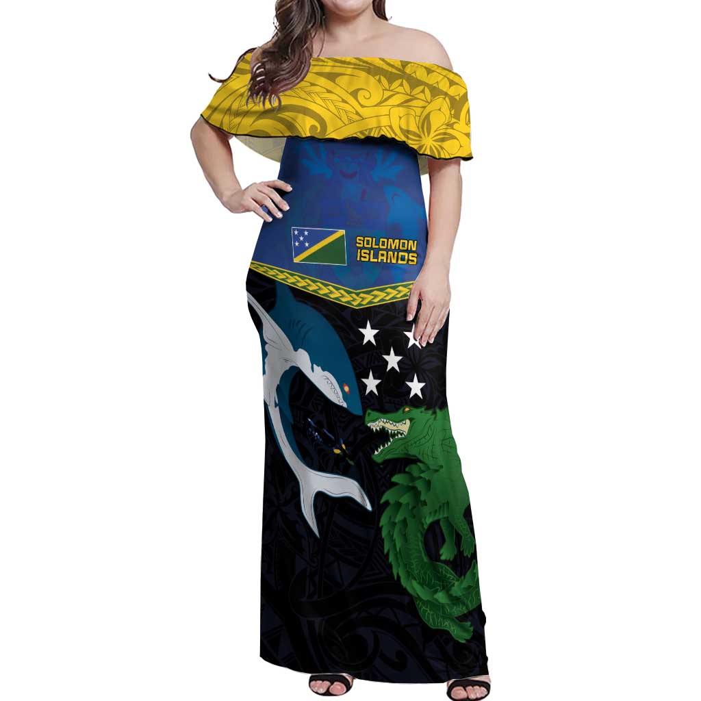 Custom Solomon Islands Rugby Off Shoulder Maxi Dress Arty Shark and Crocodile Solomon Islands National Emblems