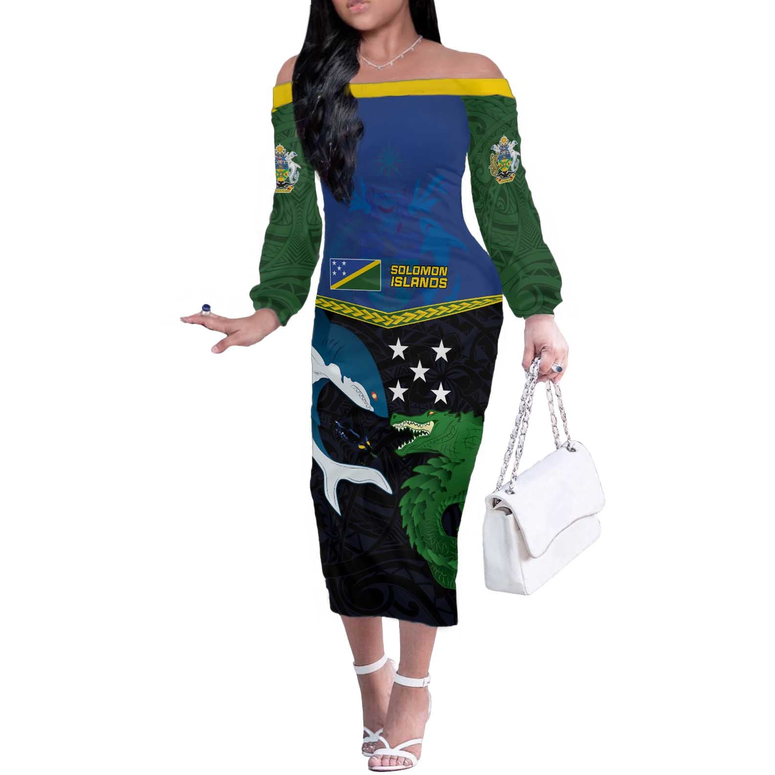 Custom Solomon Islands Rugby Off The Shoulder Long Sleeve Dress Arty Shark and Crocodile Solomon Islands National Emblems