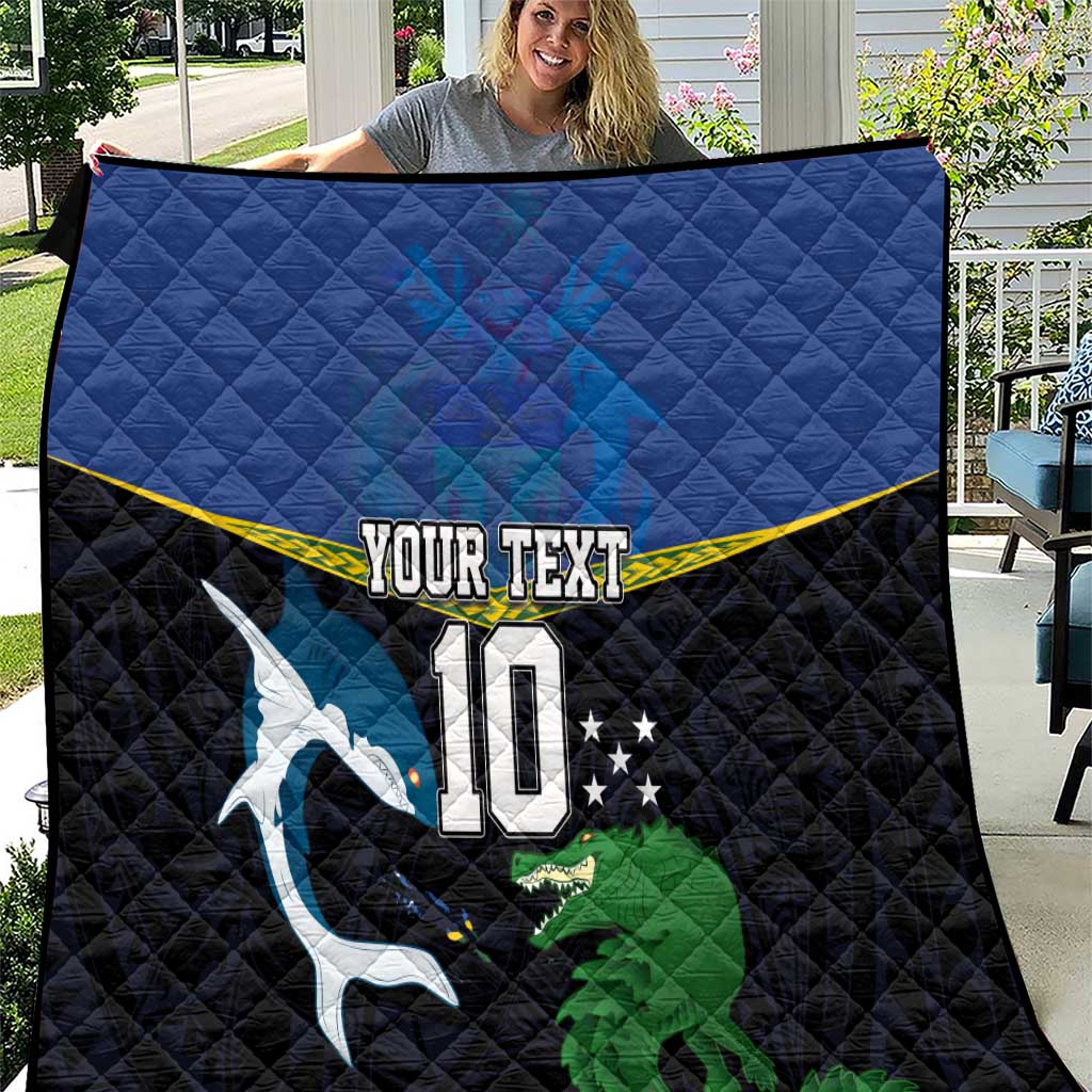 Custom Solomon Islands Rugby Quilt Arty Shark and Crocodile Solomon Islands National Emblems LT03 Blue - Polynesian Pride