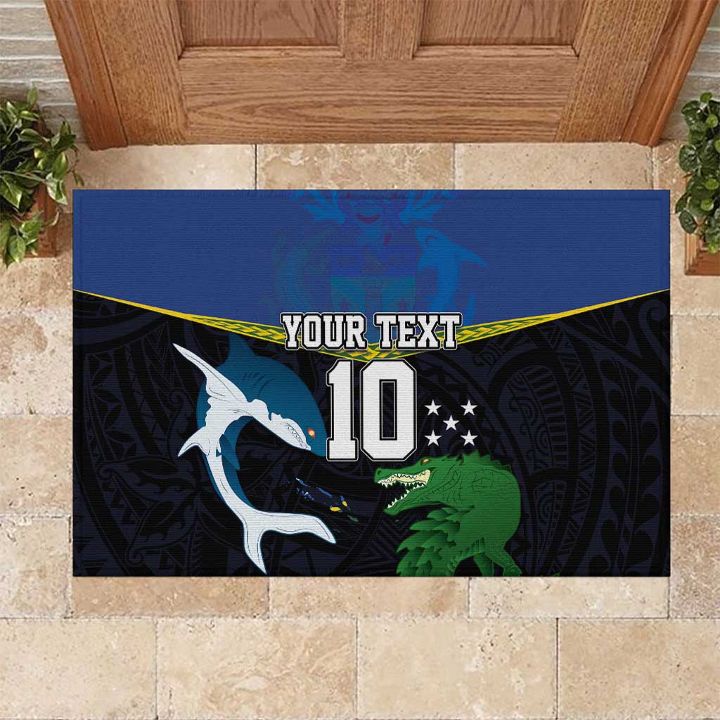Custom Solomon Islands Rugby Rubber Doormat Arty Shark and Crocodile Solomon Islands National Emblems LT03 Blue - Polynesian Pride