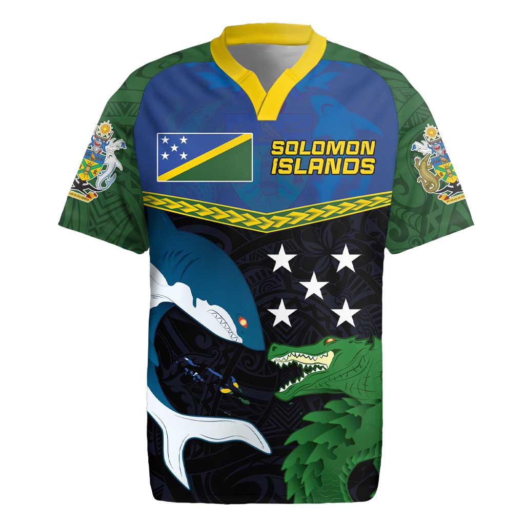 Custom Solomon Islands Rugby Rugby Jersey Arty Shark and Crocodile Solomon Islands National Emblems LT03 Blue - Polynesian Pride