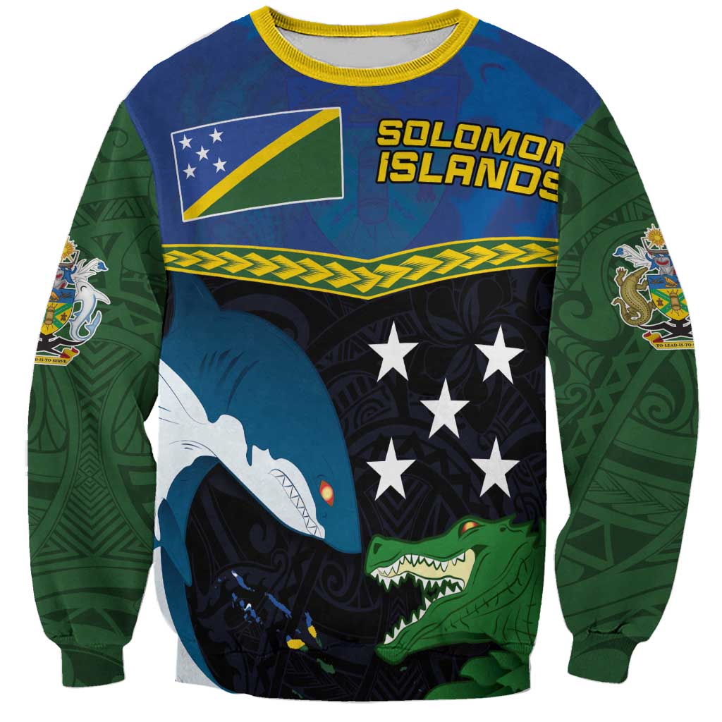 Custom Solomon Islands Rugby Sweatshirt Arty Shark and Crocodile Solomon Islands National Emblems LT03 Unisex Blue - Polynesian Pride
