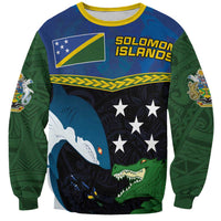 Custom Solomon Islands Rugby Sweatshirt Arty Shark and Crocodile Solomon Islands National Emblems LT03 Unisex Blue - Polynesian Pride
