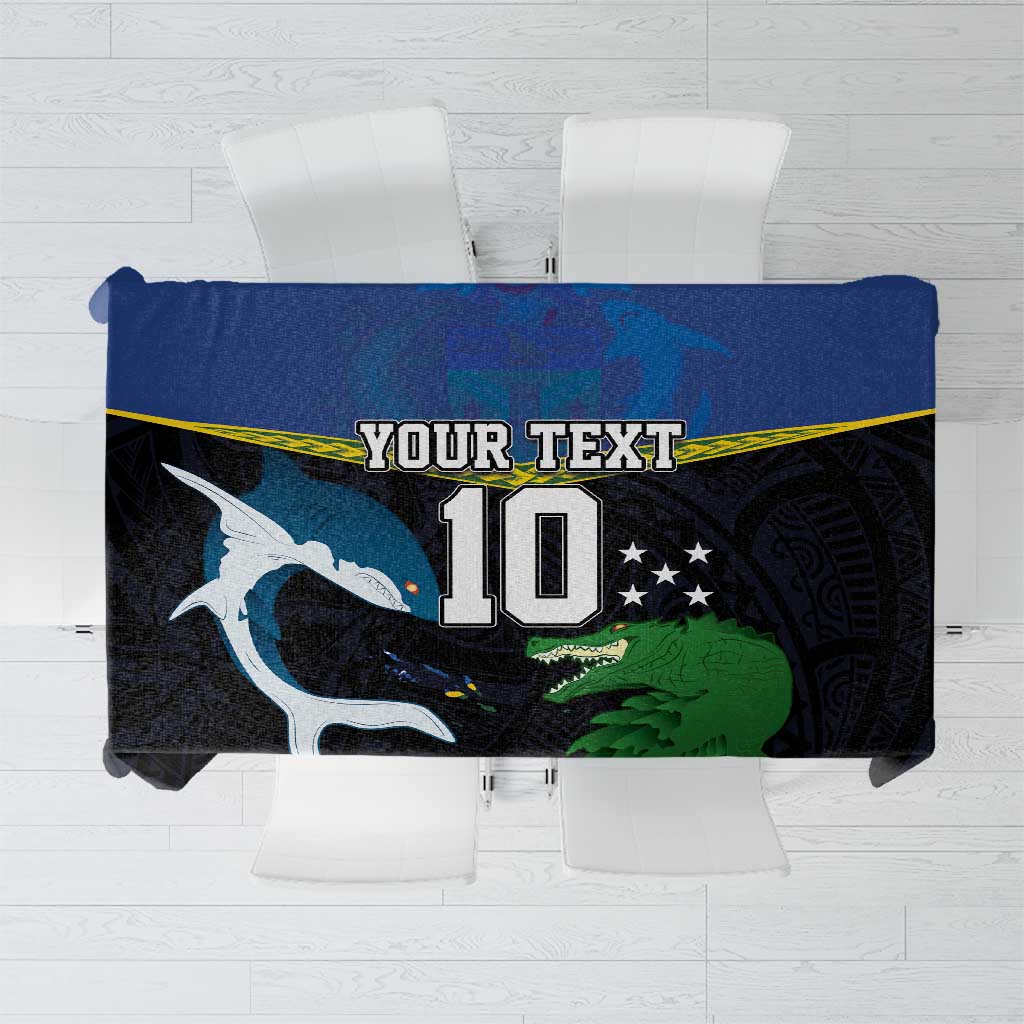 Custom Solomon Islands Rugby Tablecloth Arty Shark and Crocodile Solomon Islands National Emblems LT03 Blue - Polynesian Pride