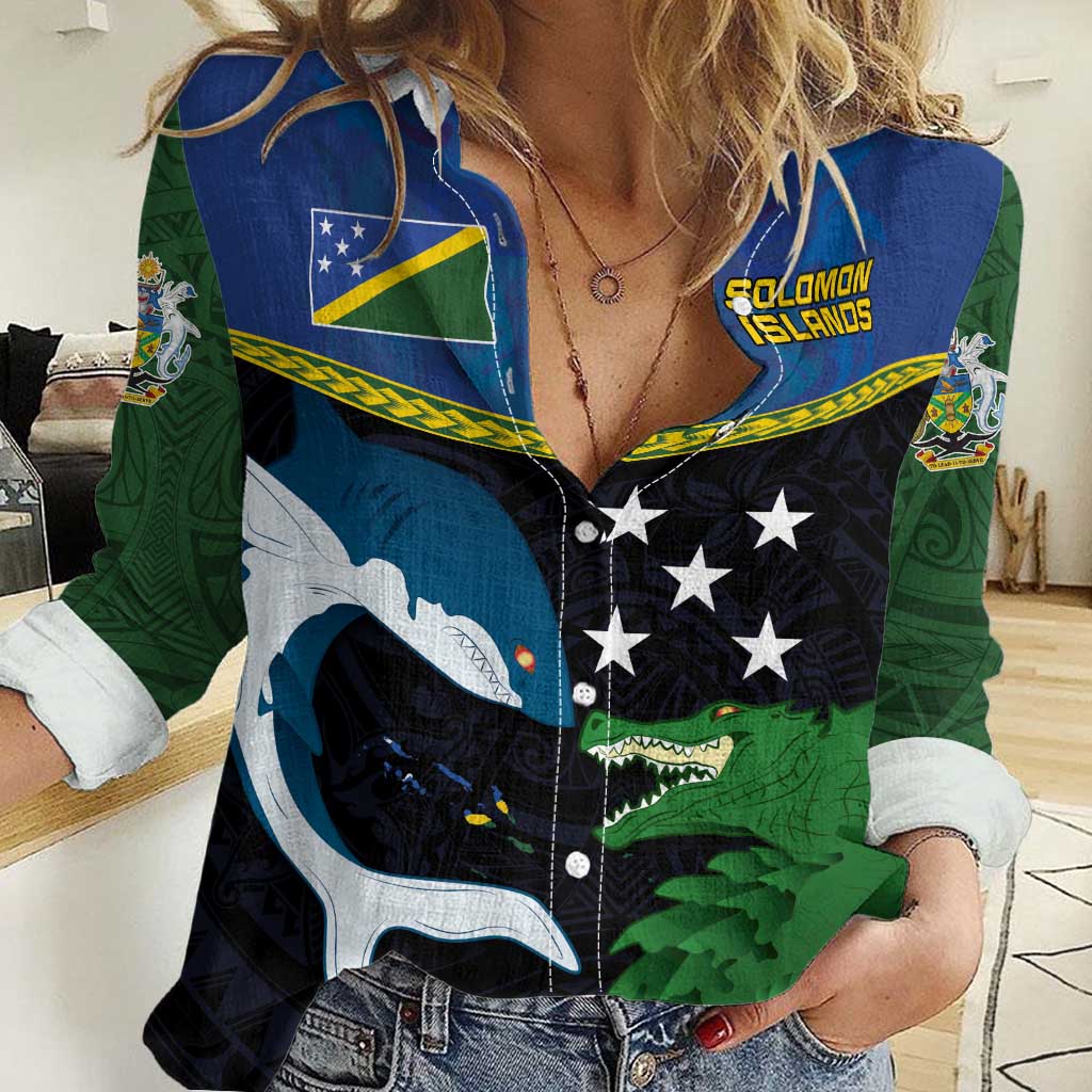 Custom Solomon Islands Rugby Women Casual Shirt Arty Shark and Crocodile Solomon Islands National Emblems LT03 Female Blue - Polynesian Pride